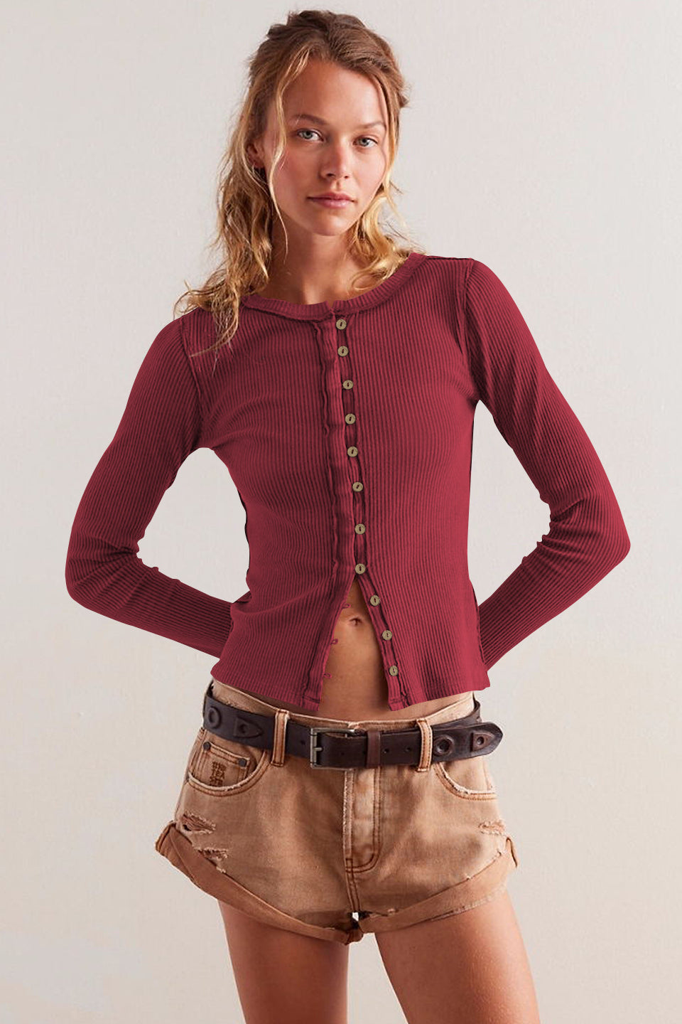 Chic Ribbed Button-Up Long Sleeve Top