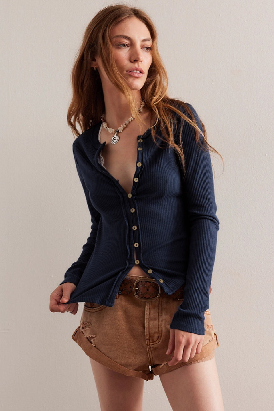 Chic Ribbed Button-Up Long Sleeve Top