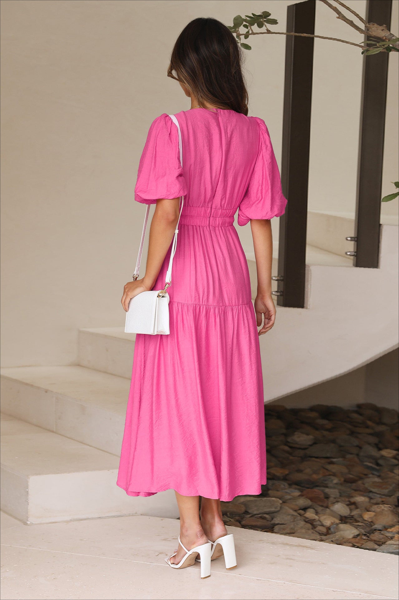 Pink Deep V-Neck Puff Sleeve Layered Dress