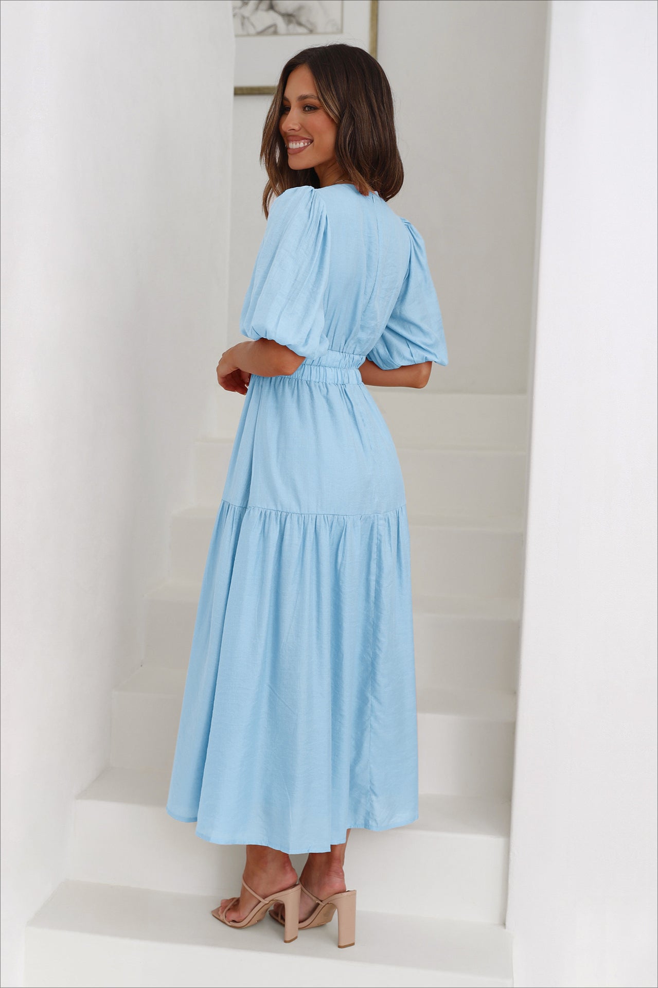 Sky Blue Deep V-Neck Puff Sleeve Layered Dress