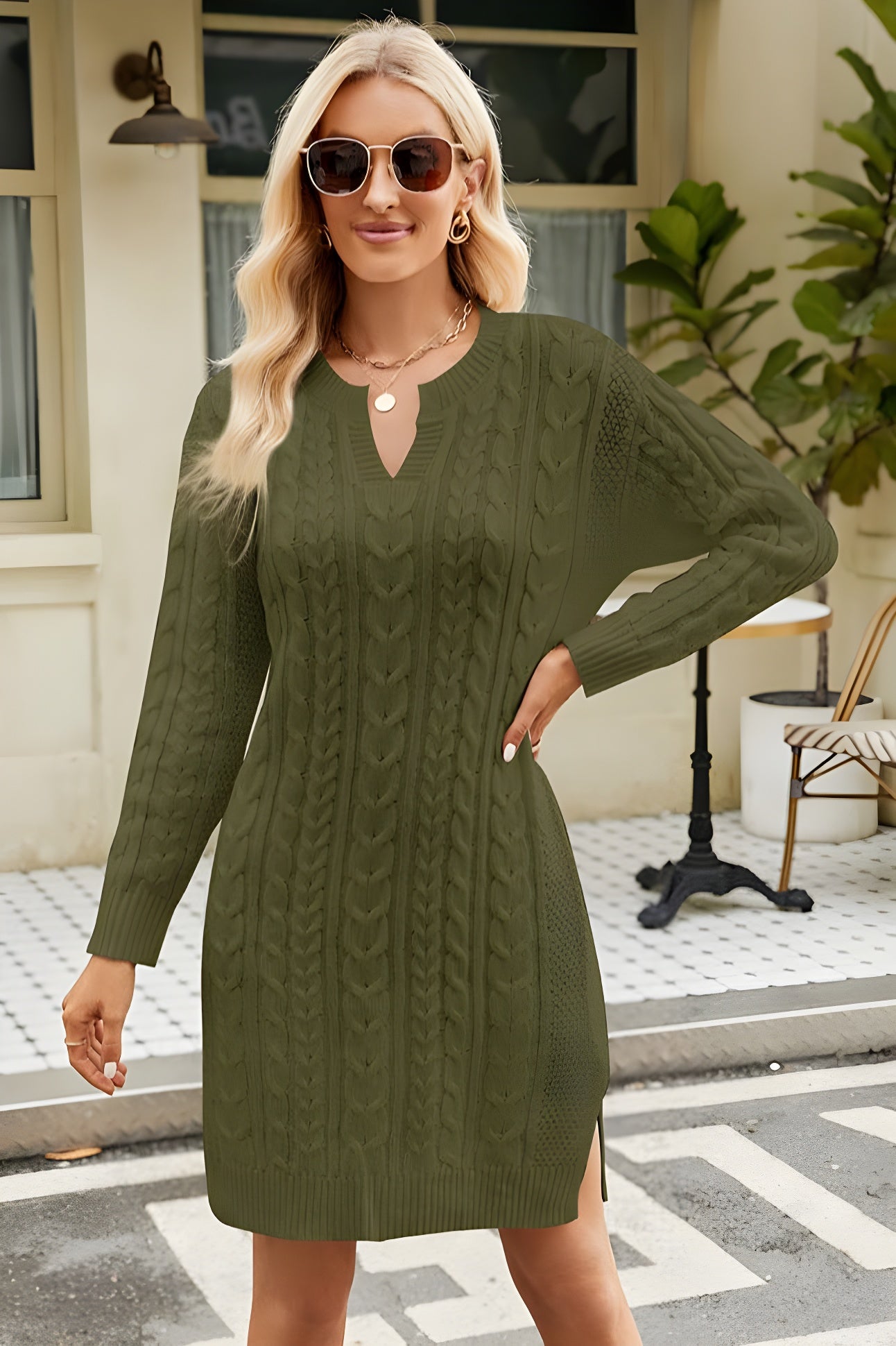 Strickkleid Damen Kurz Langarm Elegant - Kabelstrick Pullover Stil für Frühling/Herbst