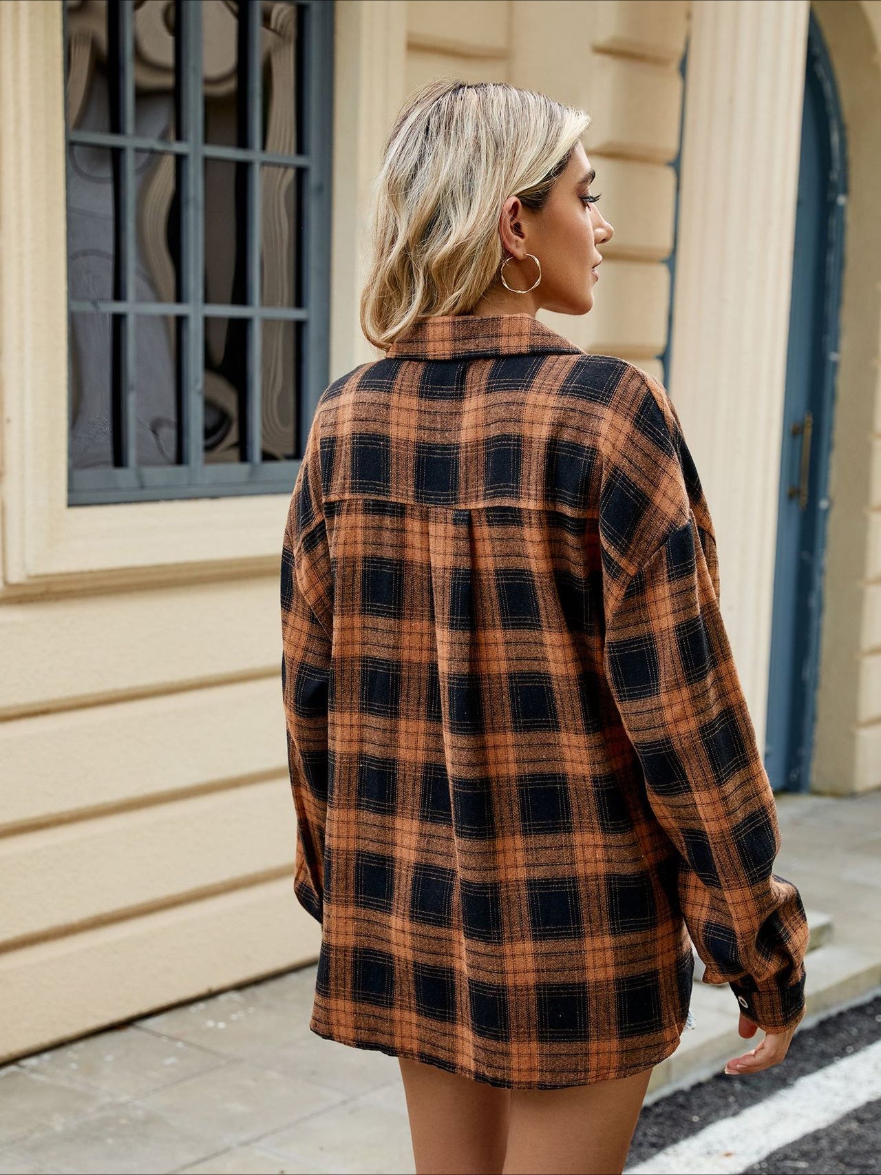 Long Sleeve Pocketed Oversized Plaid Shirt