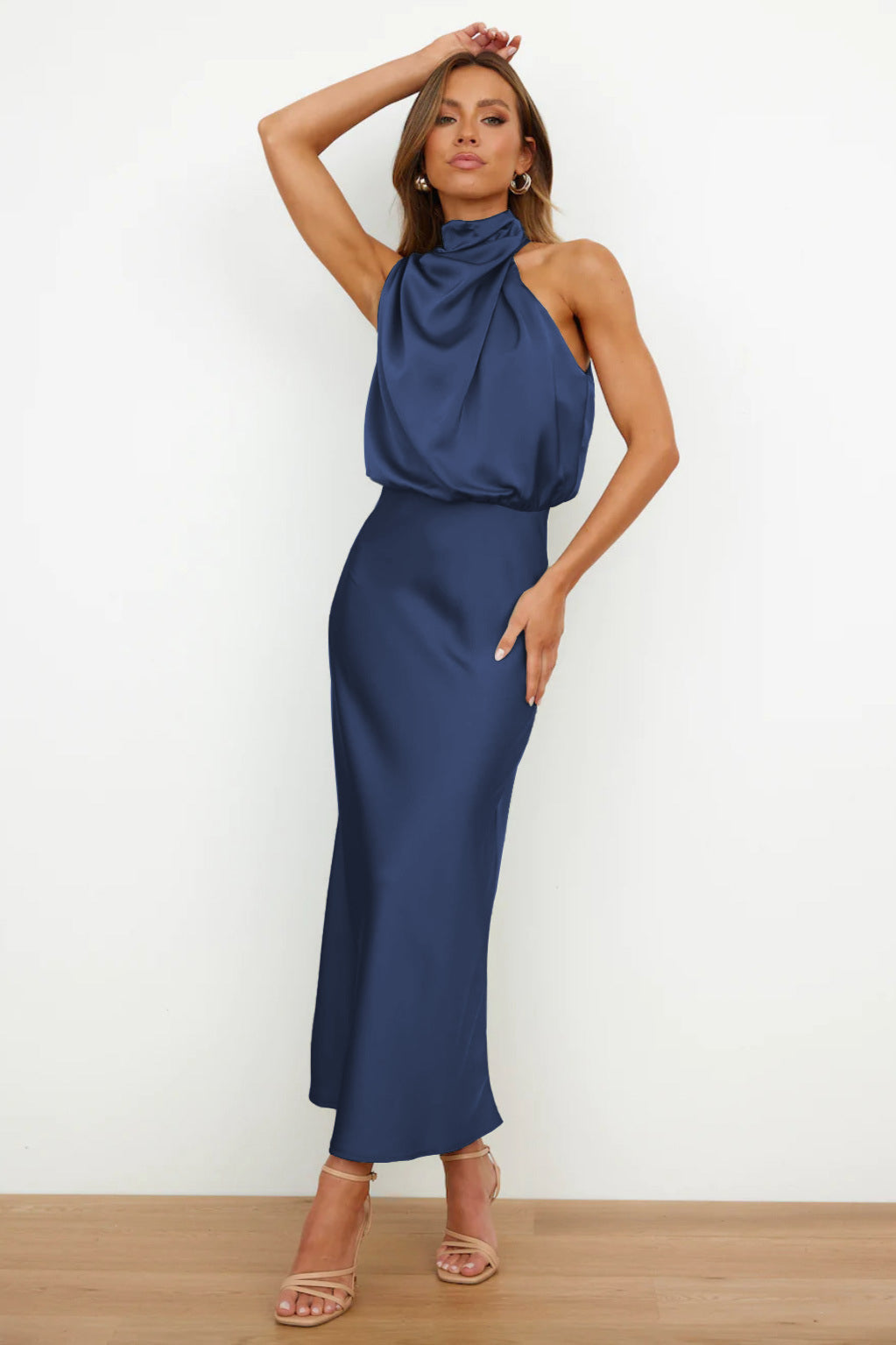 Elegant Deep Blue Halter Neck Dress