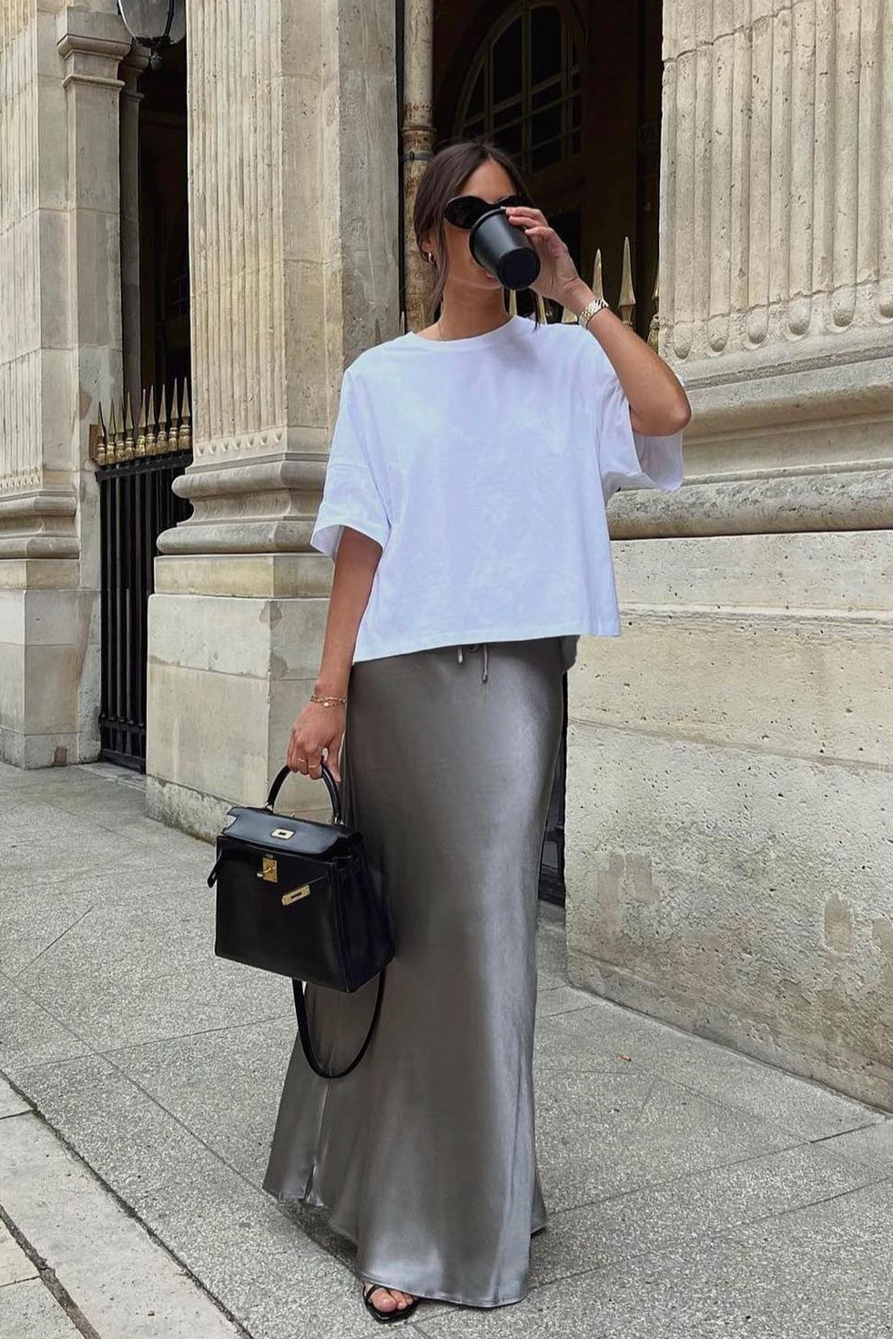 Charcoal Gray Tie Waist Maxi Skirt