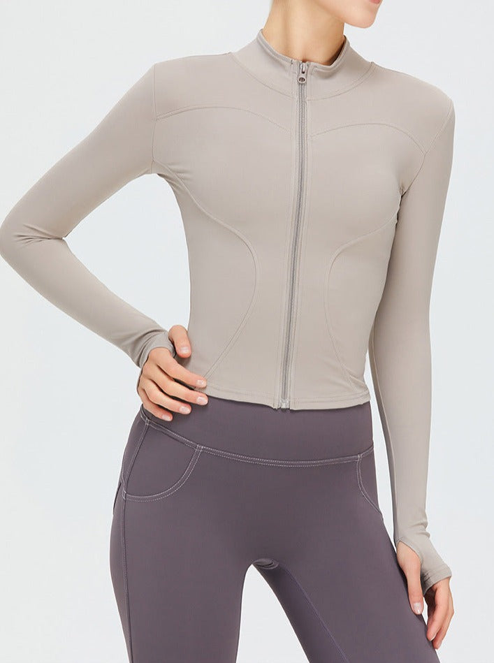 Khaki Zipper Long-Sleeved Quick Drying Fitness Sports Top