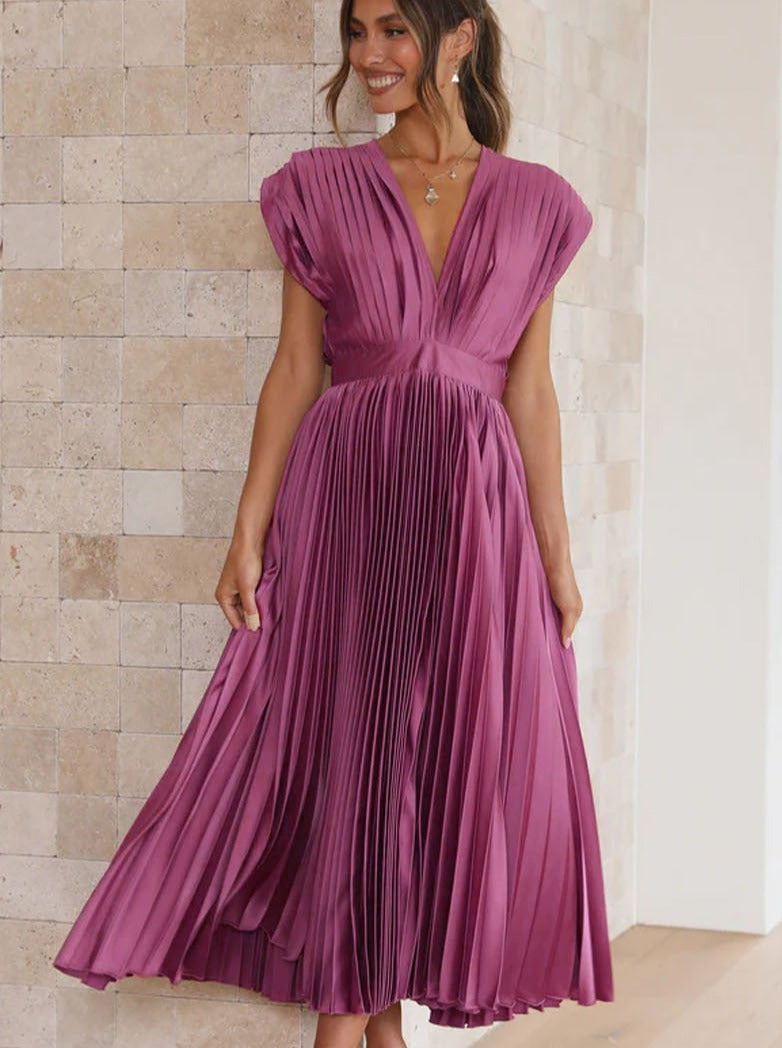 Purple Casual V-Neck Pleated Dress