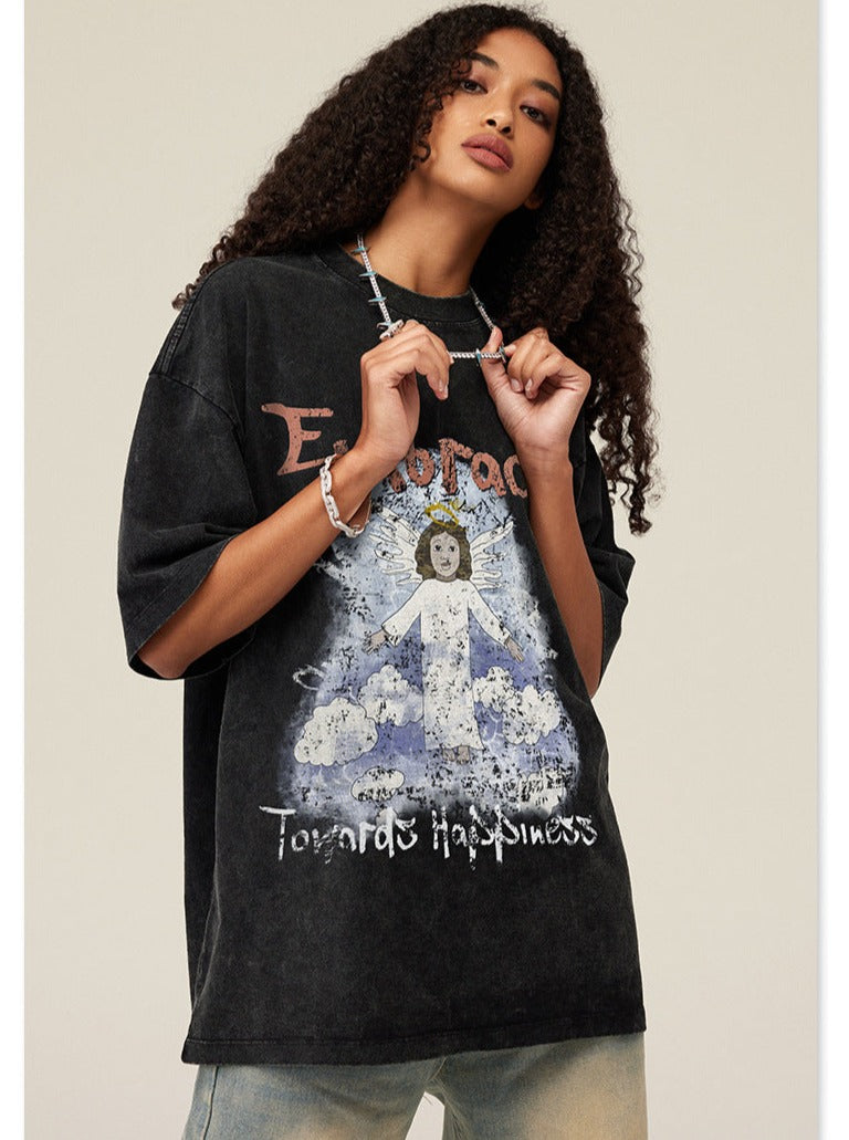 Spring Black Basic Angel Printed Oversized Shirt