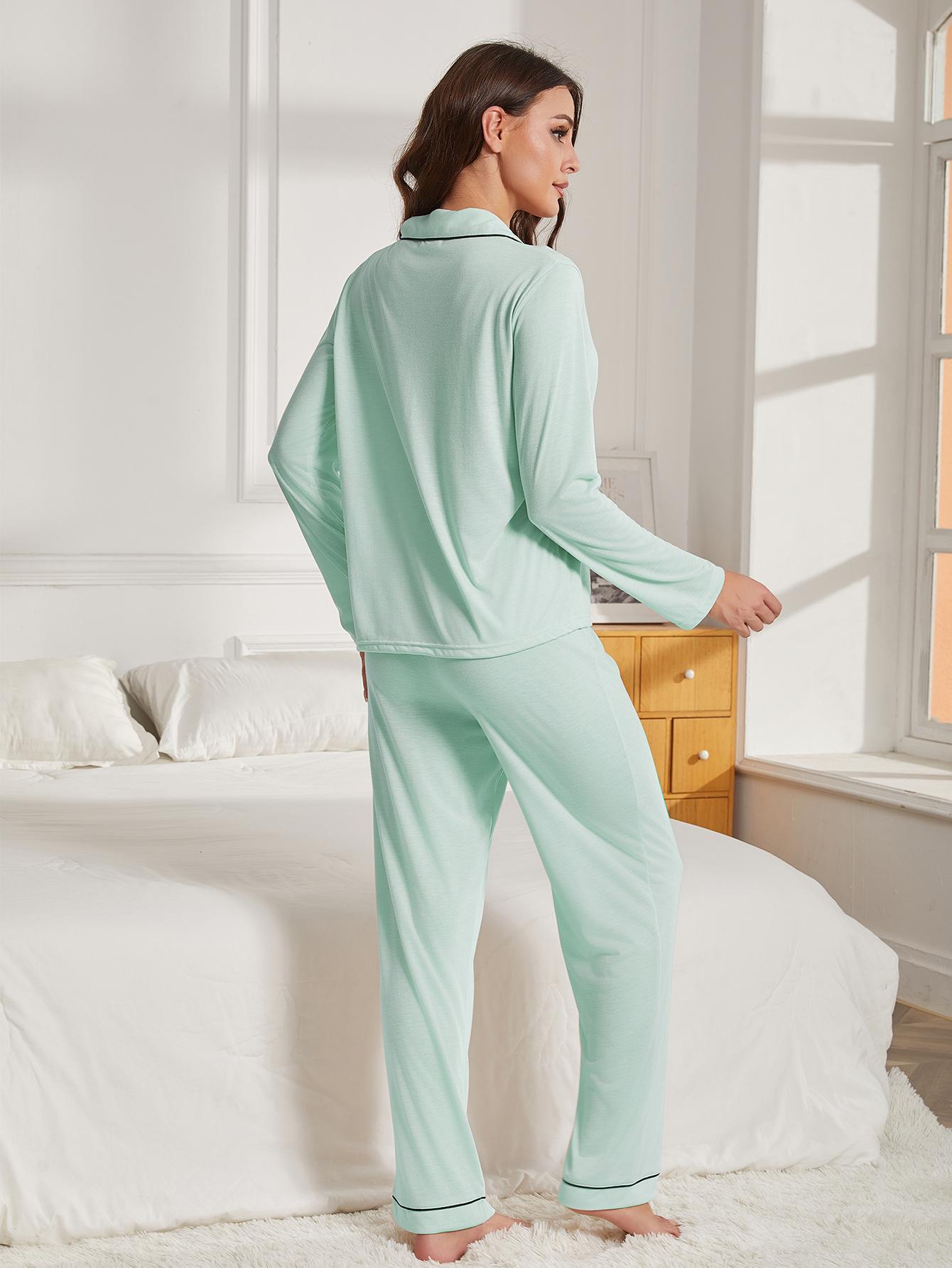 Hellgrünes, lässiges Pyjama-Set mit weichem Kragen