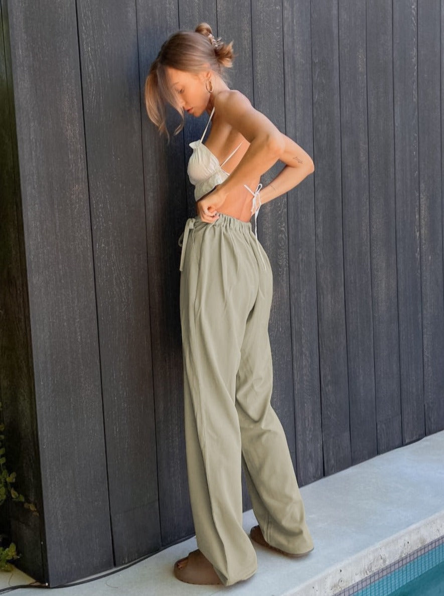 High Waist Tie-Front Wide Leg Long Pants