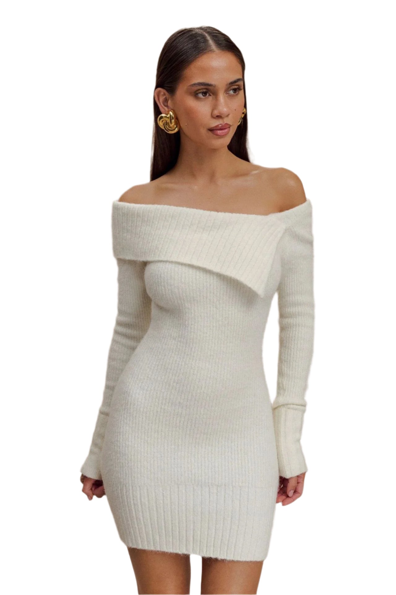 Women's Classic White Off-Shoulder Ribbed Knit Dress