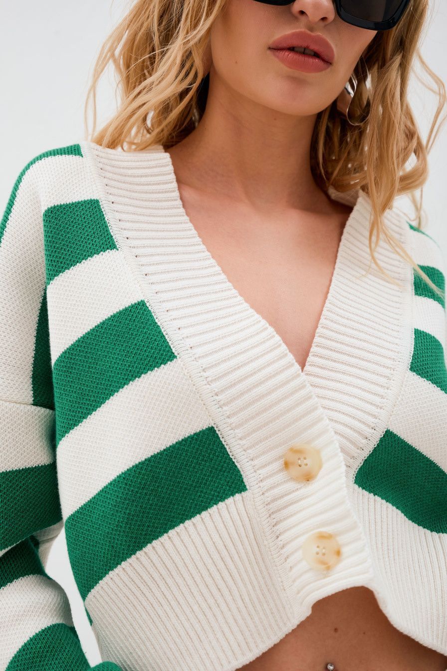 Green Striped Knitted Cardigan