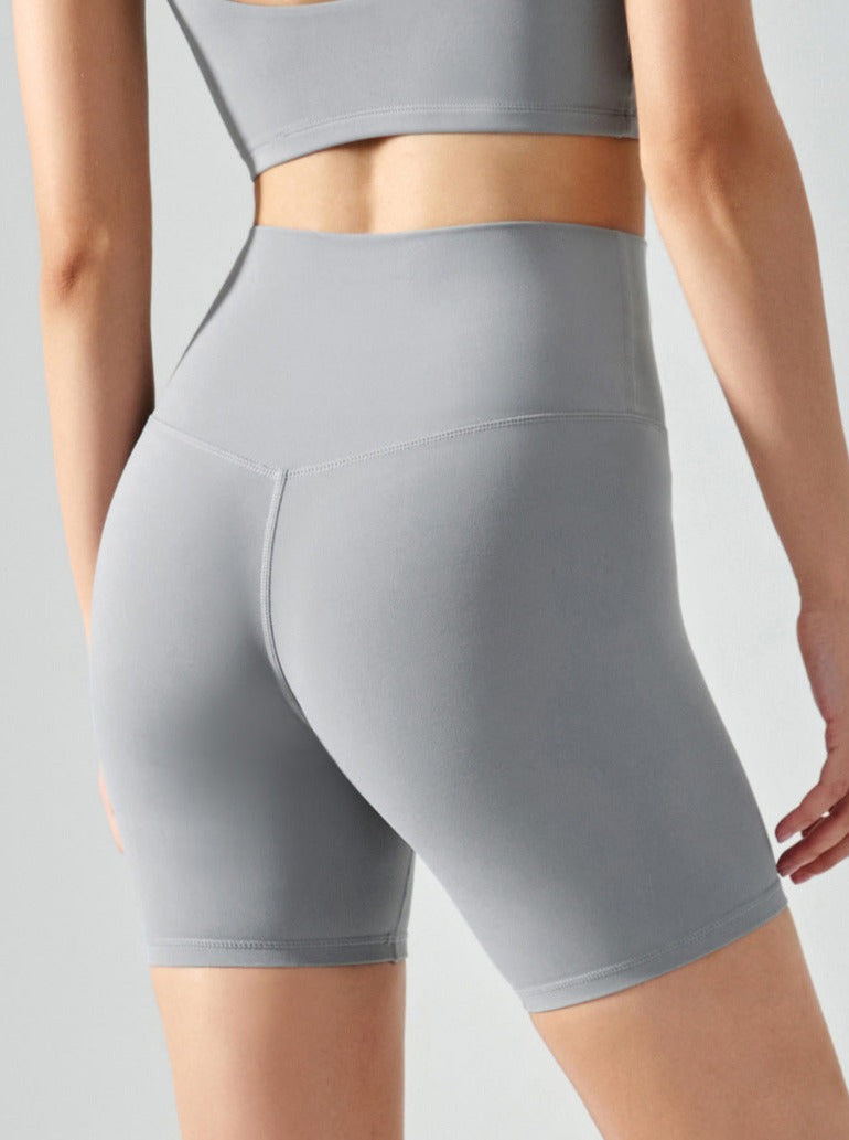 Graue Yoga-Shorts mit hoher Taille und elastischer, nahtloser Fitness 