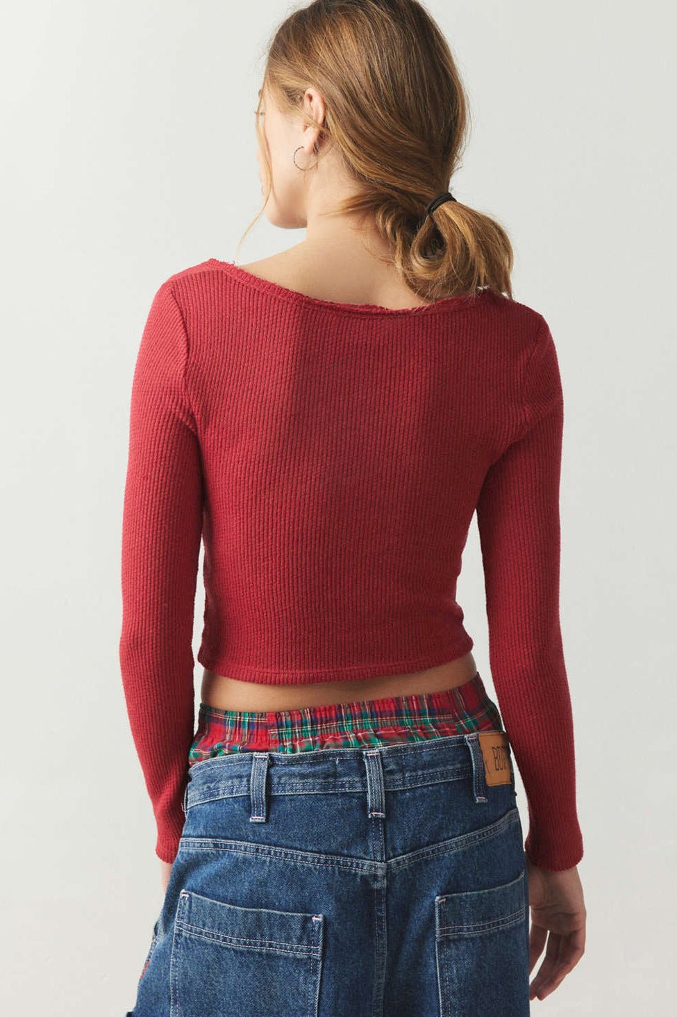 Red Ribbed V-Neck Long Sleeve Knitted Sweater