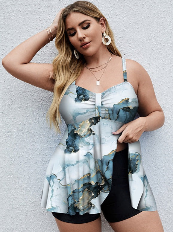 Plus Size Curvy Blue & Black Marble Printed Spaghetti Strap Tops