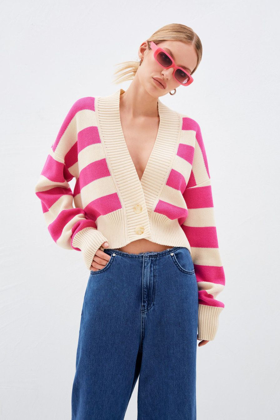 Pink and Beige Striped Knitted Cardigan