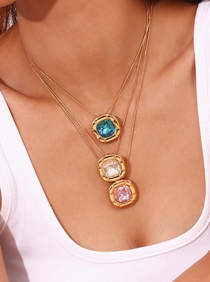 18K Gold Plated Rounded Square Flower Zircon Necklace