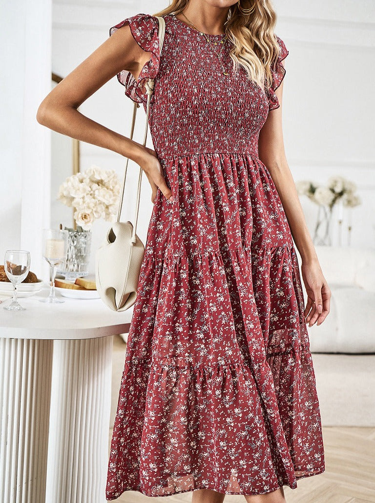 Robe mi-longue à volants et taille définie avec motif floral 