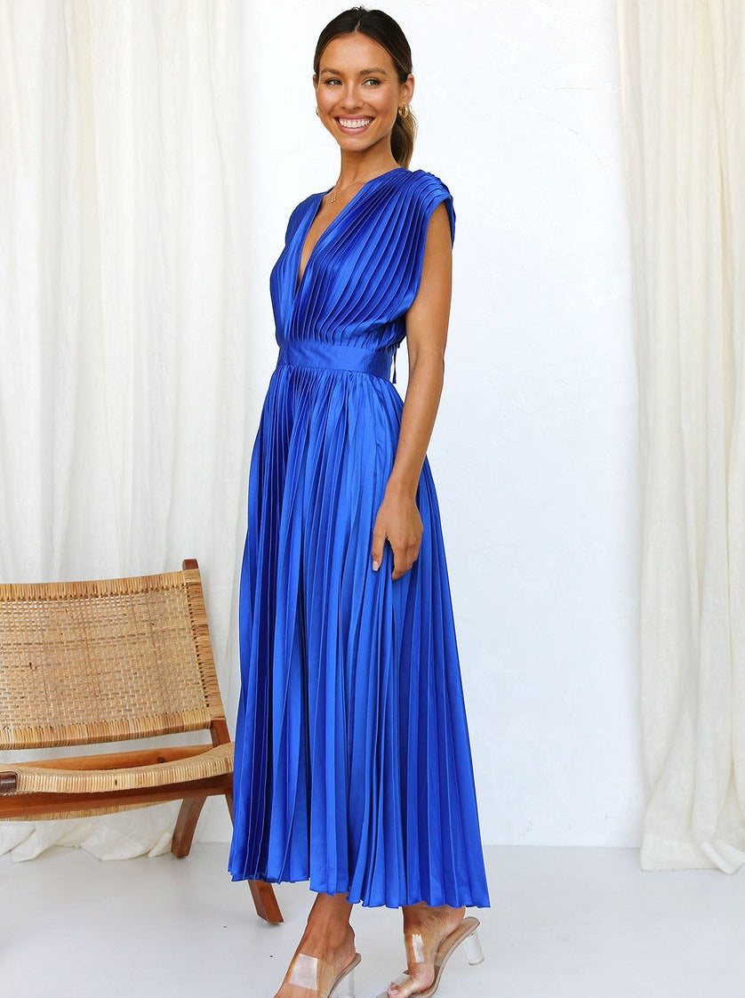 Blue Casual V-Neck Pleated Dress