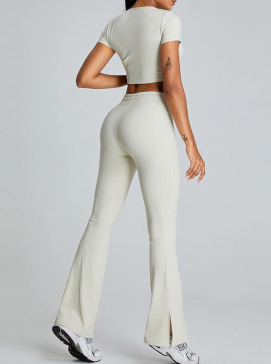 White Slit-Flared Butt-Lifting Drawstring Fitness Pants