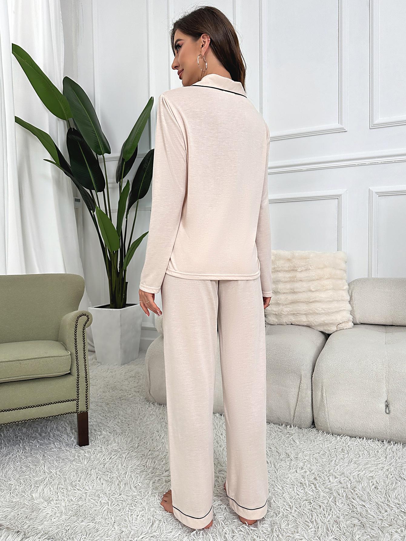 Beige Casual Soft Collared Pajama Set