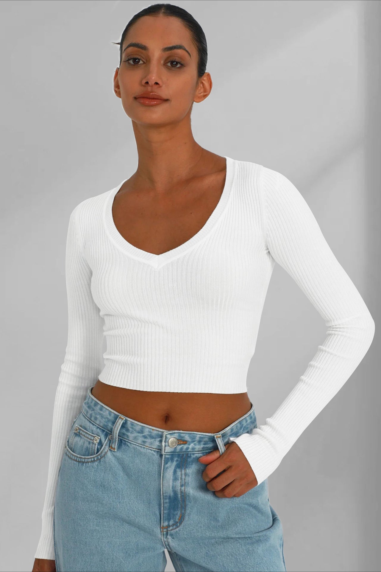 Sexy Cropped Long Sleeve Ribbed V-Neck Shirt