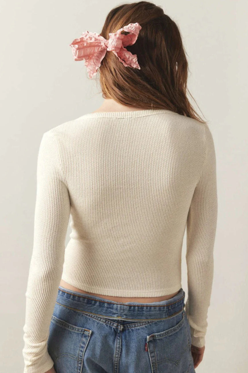 Ivory Ribbed V-Neck Long Sleeve Knitted Sweater